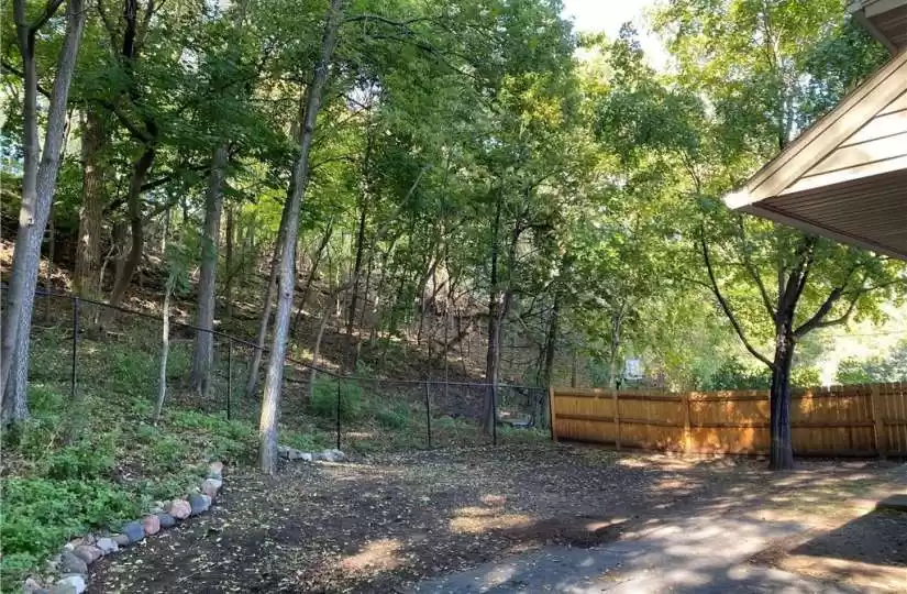 Large fenced yard with beautiful wooded ravine